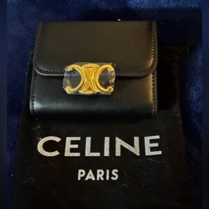 NEW! Black leather trifold CELINE w/ with gold finishing & removable coin purse